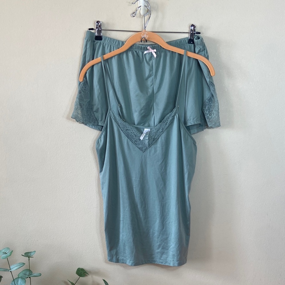 Flora Sage Green Lace Trim Pajama Set Cami Shorts Sleepwear Large Loungewear